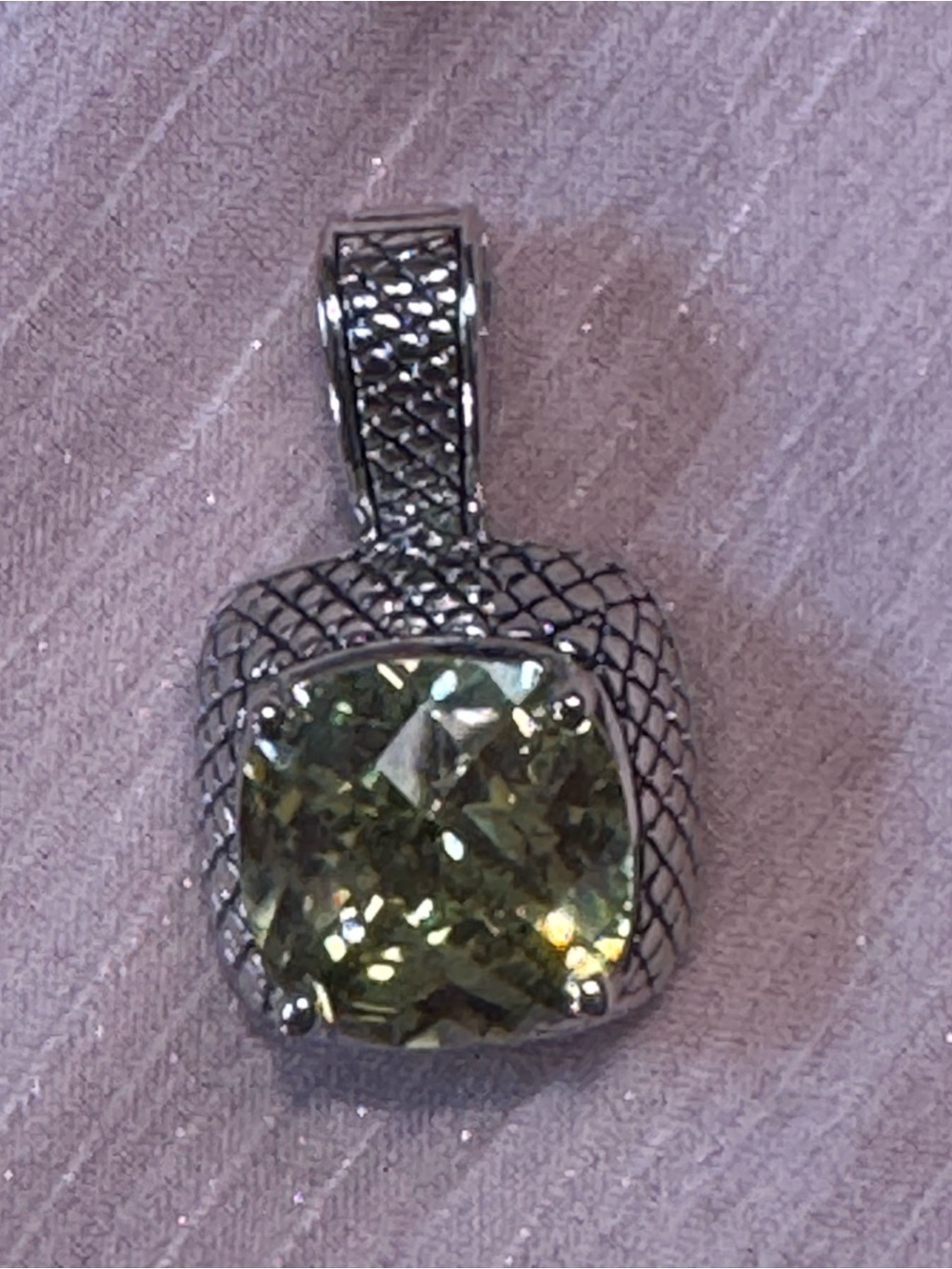 Cushion-Cut Green Gemstone Pendant Necklace in Textured Silver-Tone
